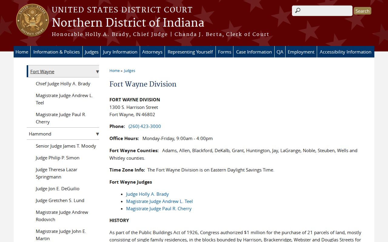Columbia City court docket Fort Wayne federal division source