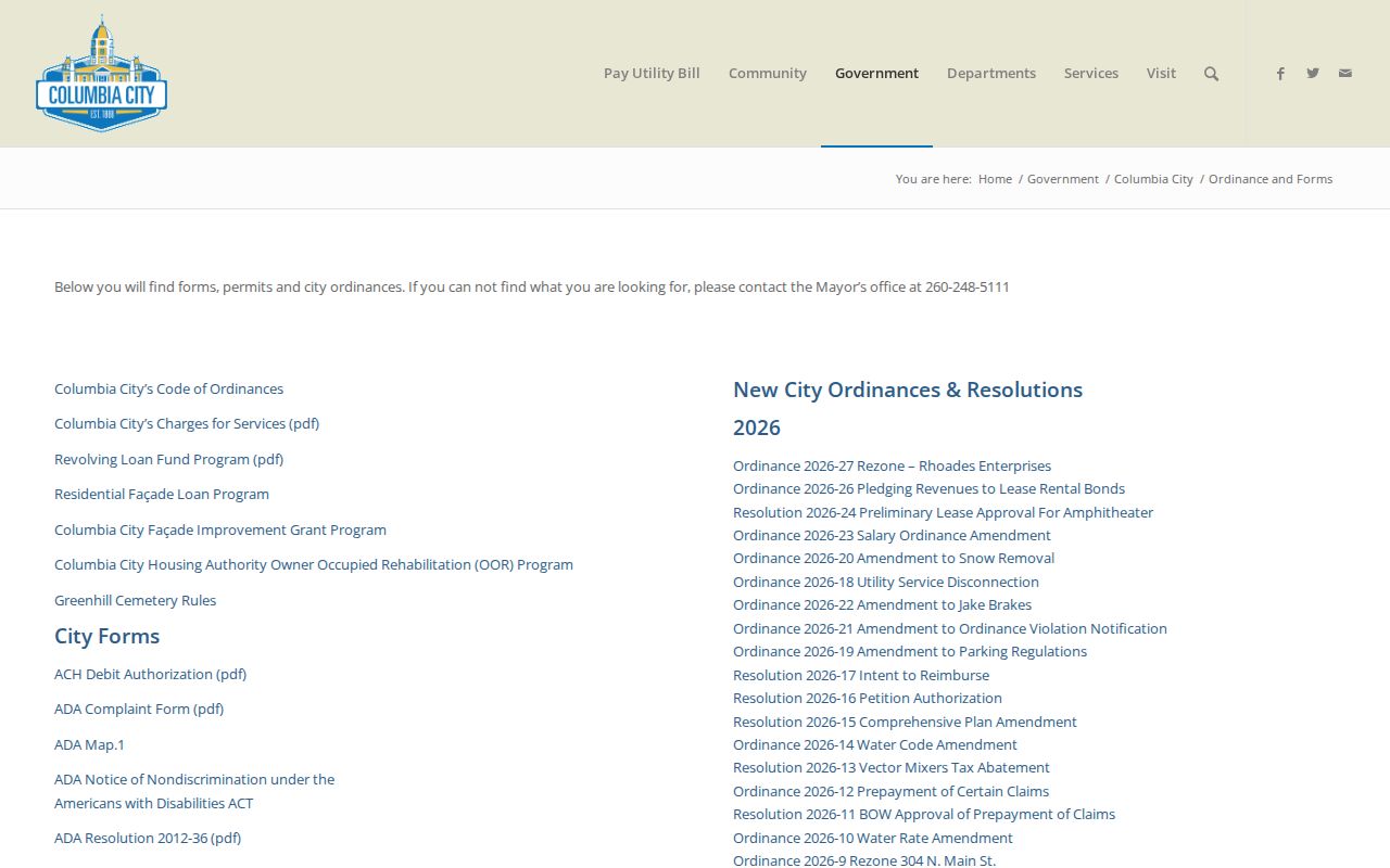 Columbia City court docket ordinance and forms source