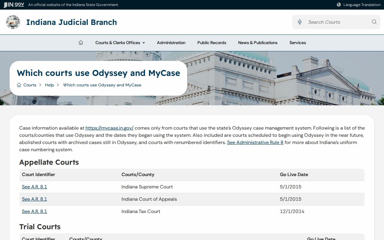 Indiana Odyssey courts list for Whitley County