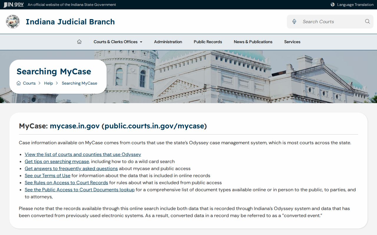 Indiana MyCase help for Whitley County court dates