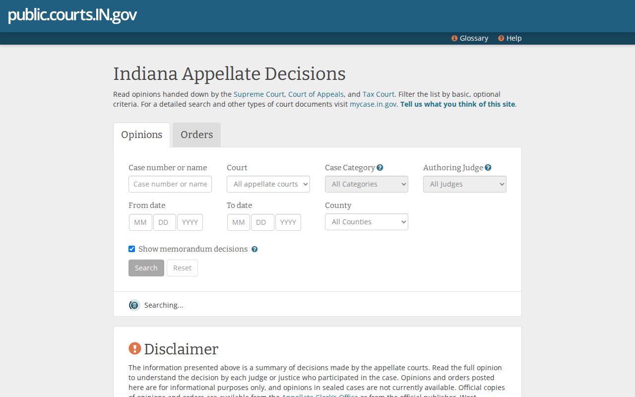 Indiana appellate decisions search separate from Whitley court dates
