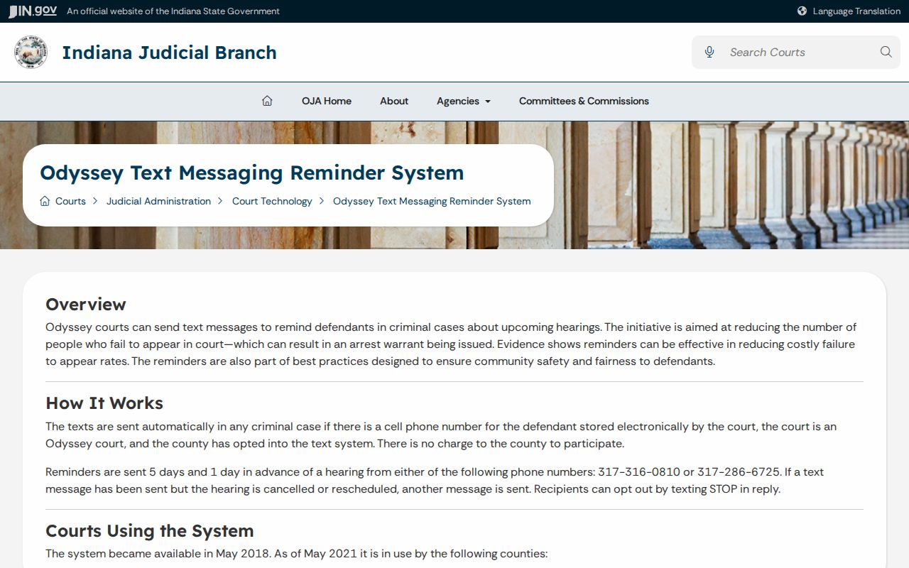 Indiana Odyssey hearing text reminders for Whitley County
