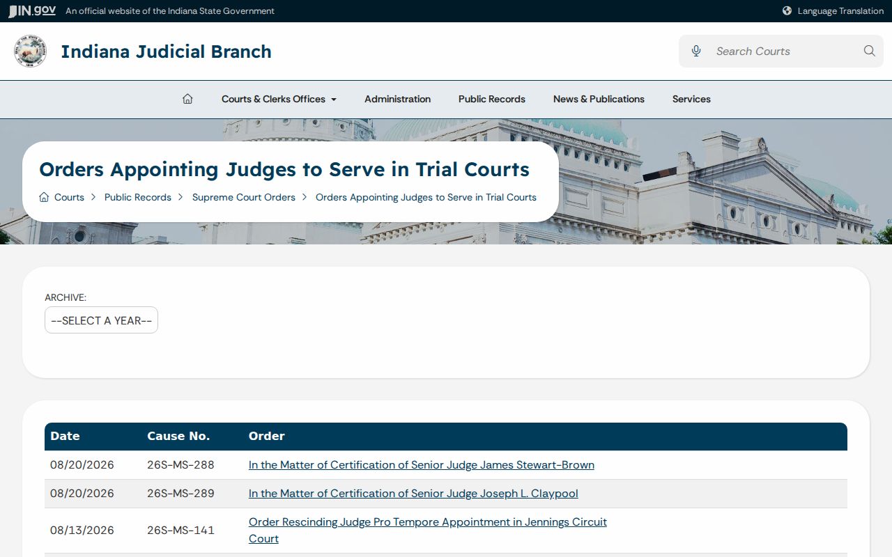 Indiana judicial order archive