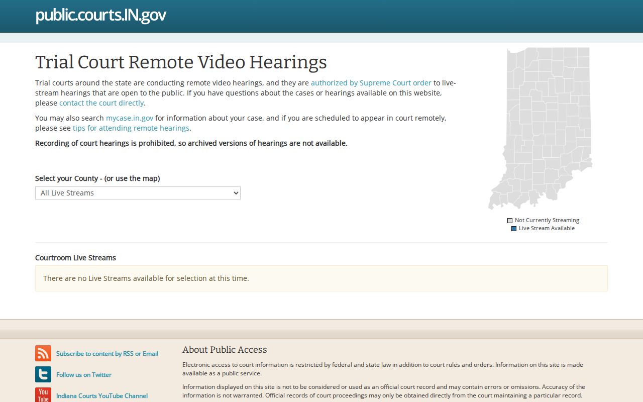 Indiana Court Streams portal for Whitley broadcasts