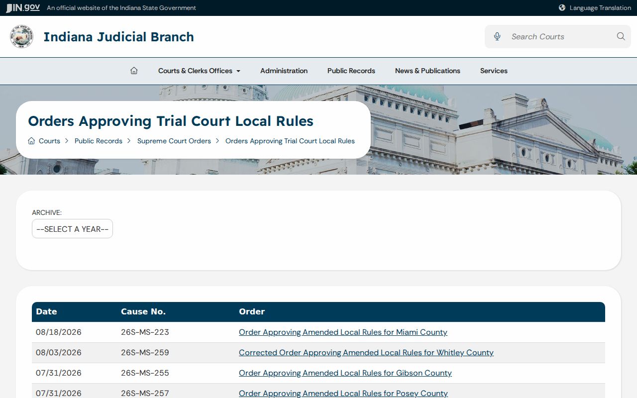 Whitley County civil docket local rules order archive
