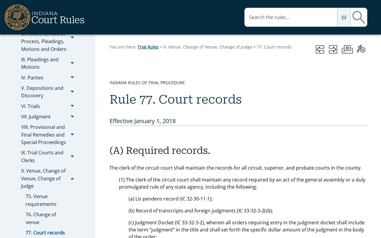 Whitley County criminal docket Trial Rule 77 CCS record source
