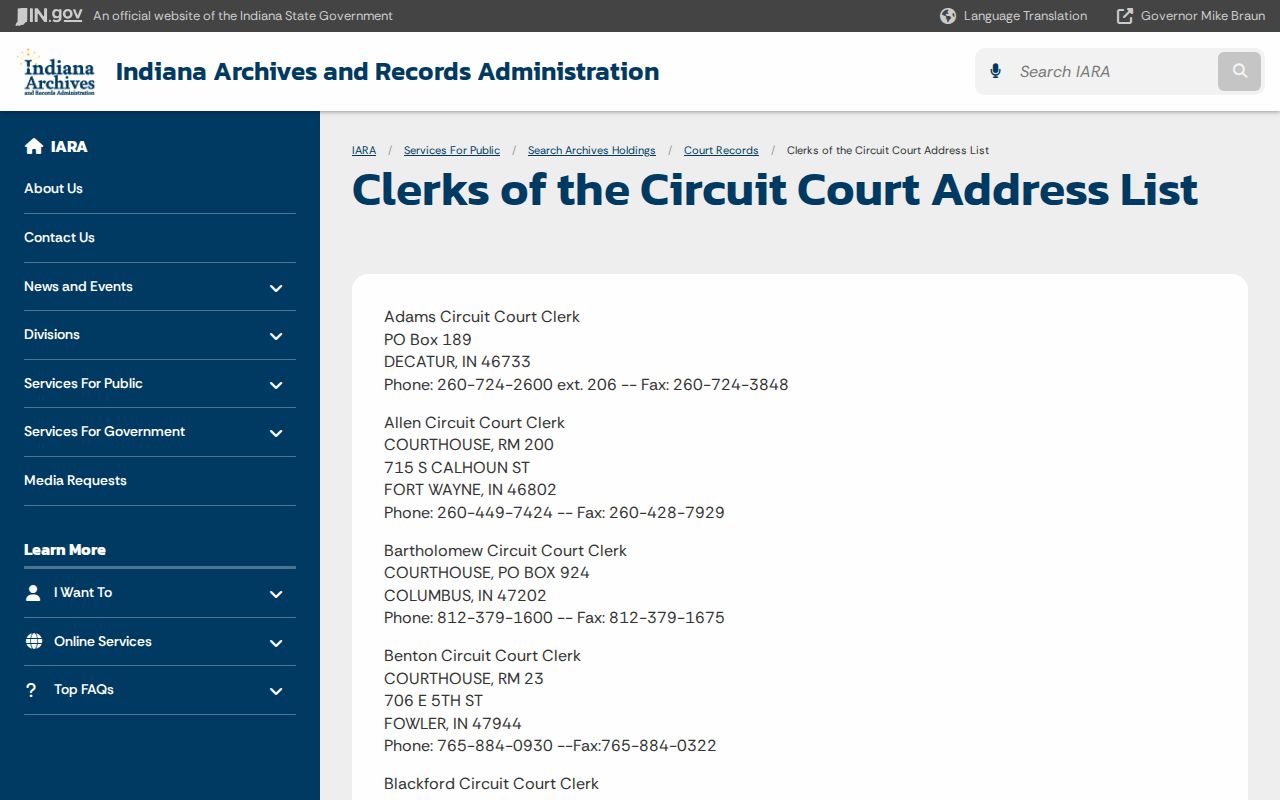 Indiana Archives directory for Whitley County circuit court records