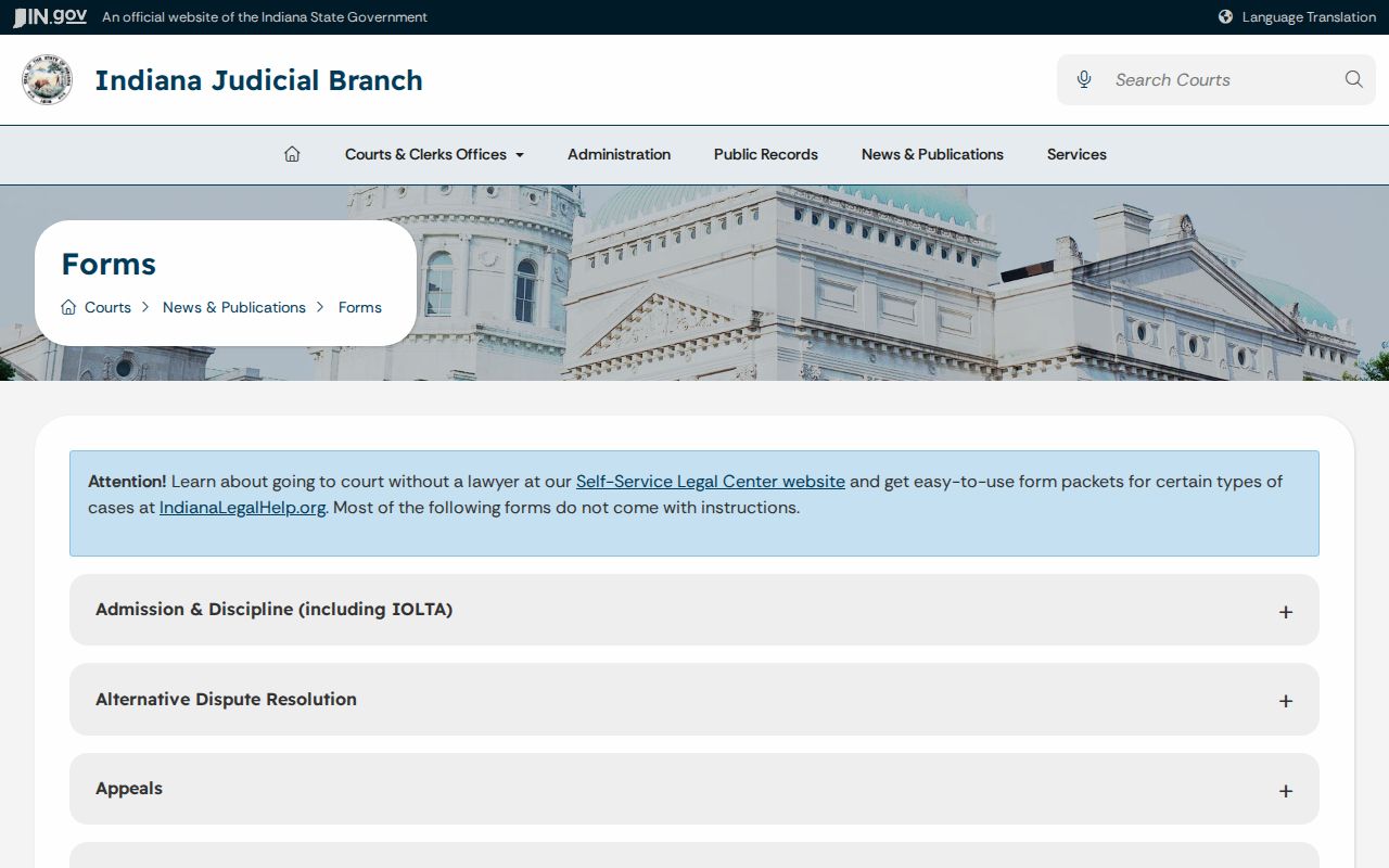 Indiana Judicial Branch court forms page used in Whitley County record research