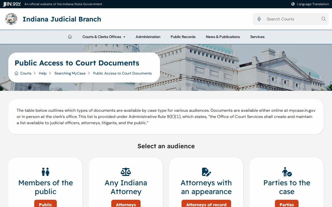 Indiana MyCase public document access information