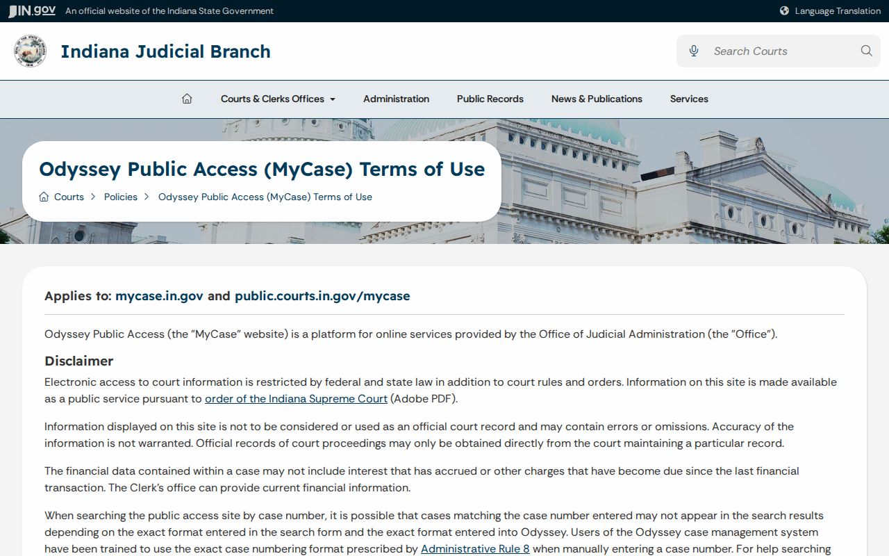 Indiana MyCase terms governing Whitley County public searches