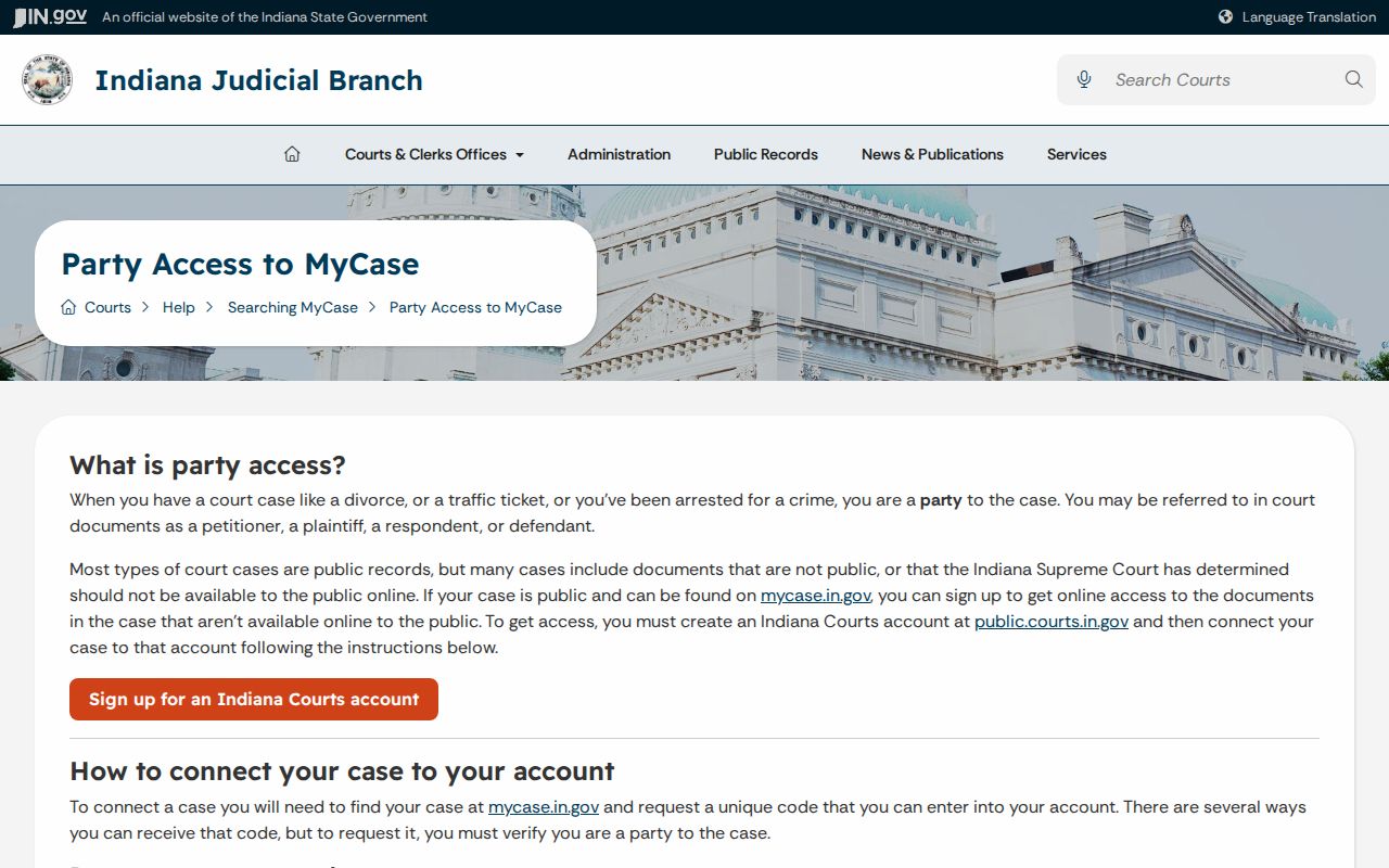 Indiana MyCase party access instructions