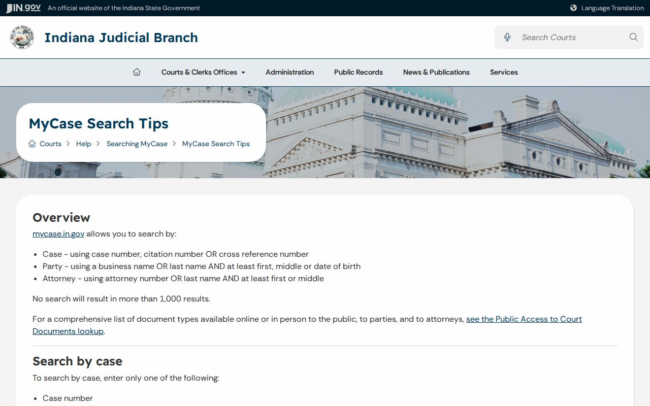 Indiana MyCase search tips for Whitley County case lookup