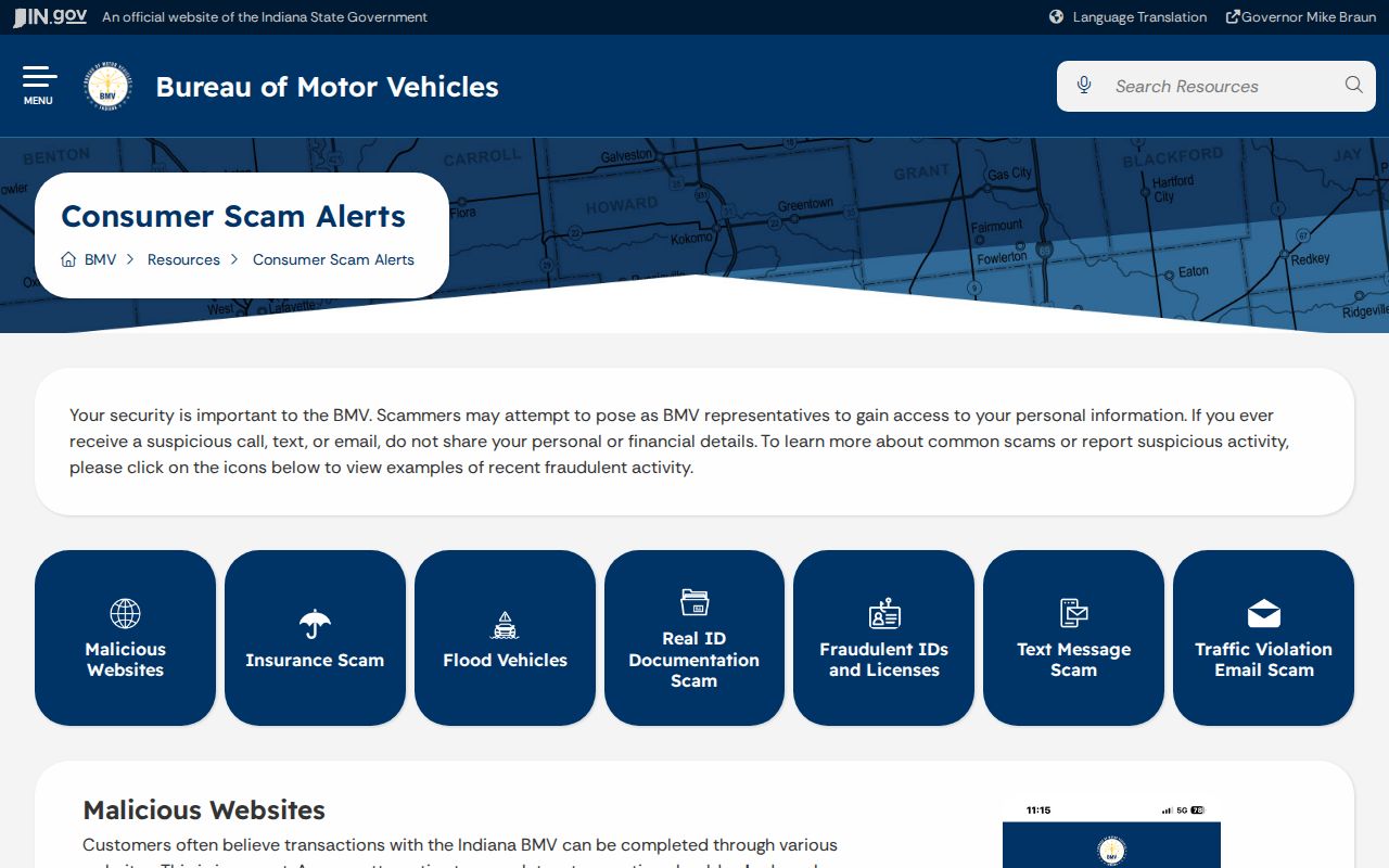 Indiana BMV warning relevant to Whitley County traffic ticket payment scams