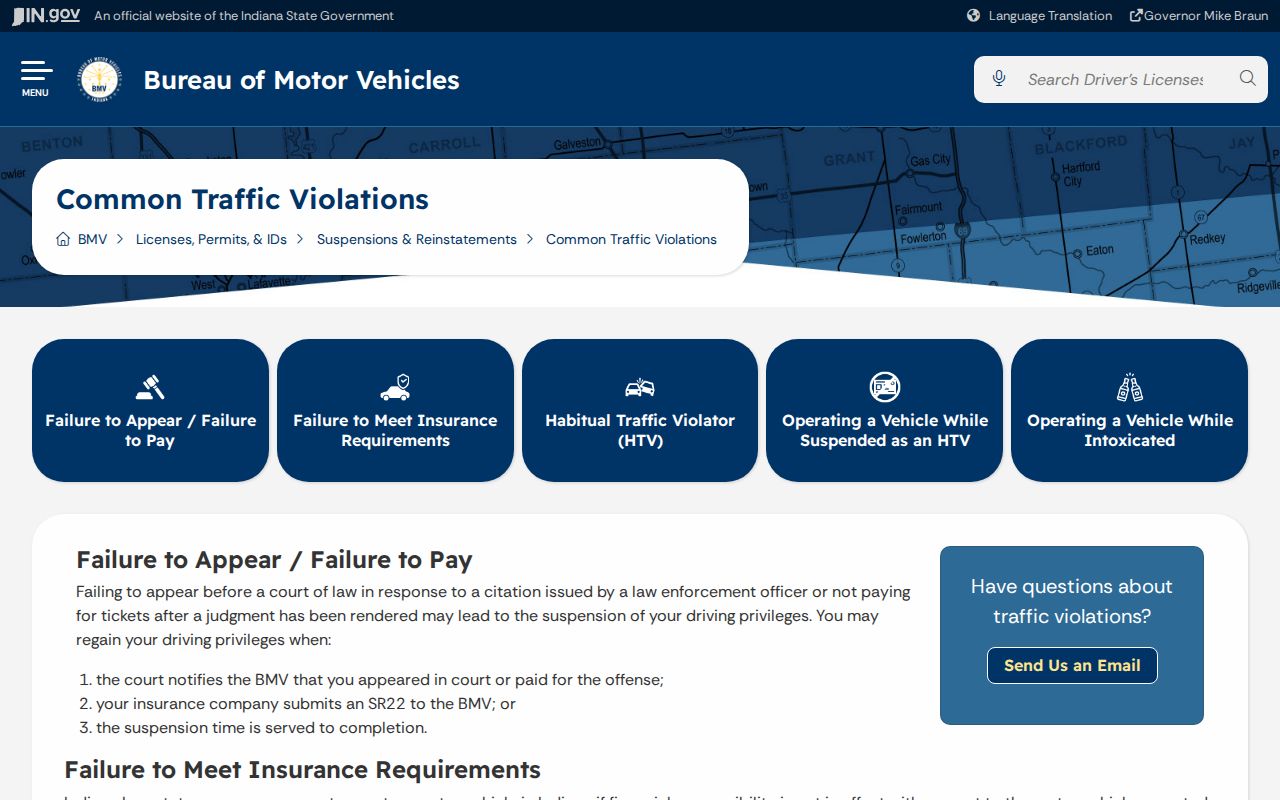 Indiana BMV traffic violation information connected with Whitley County court reporting