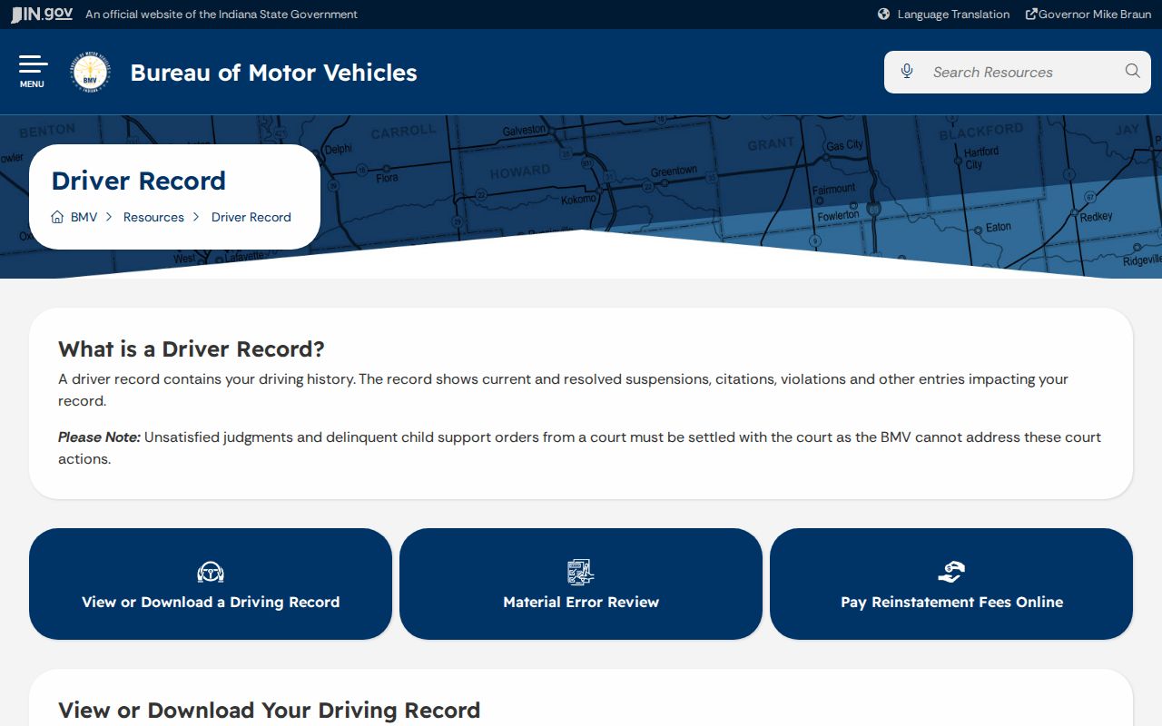 Indiana BMV driver record page distinguished from Whitley County traffic court files