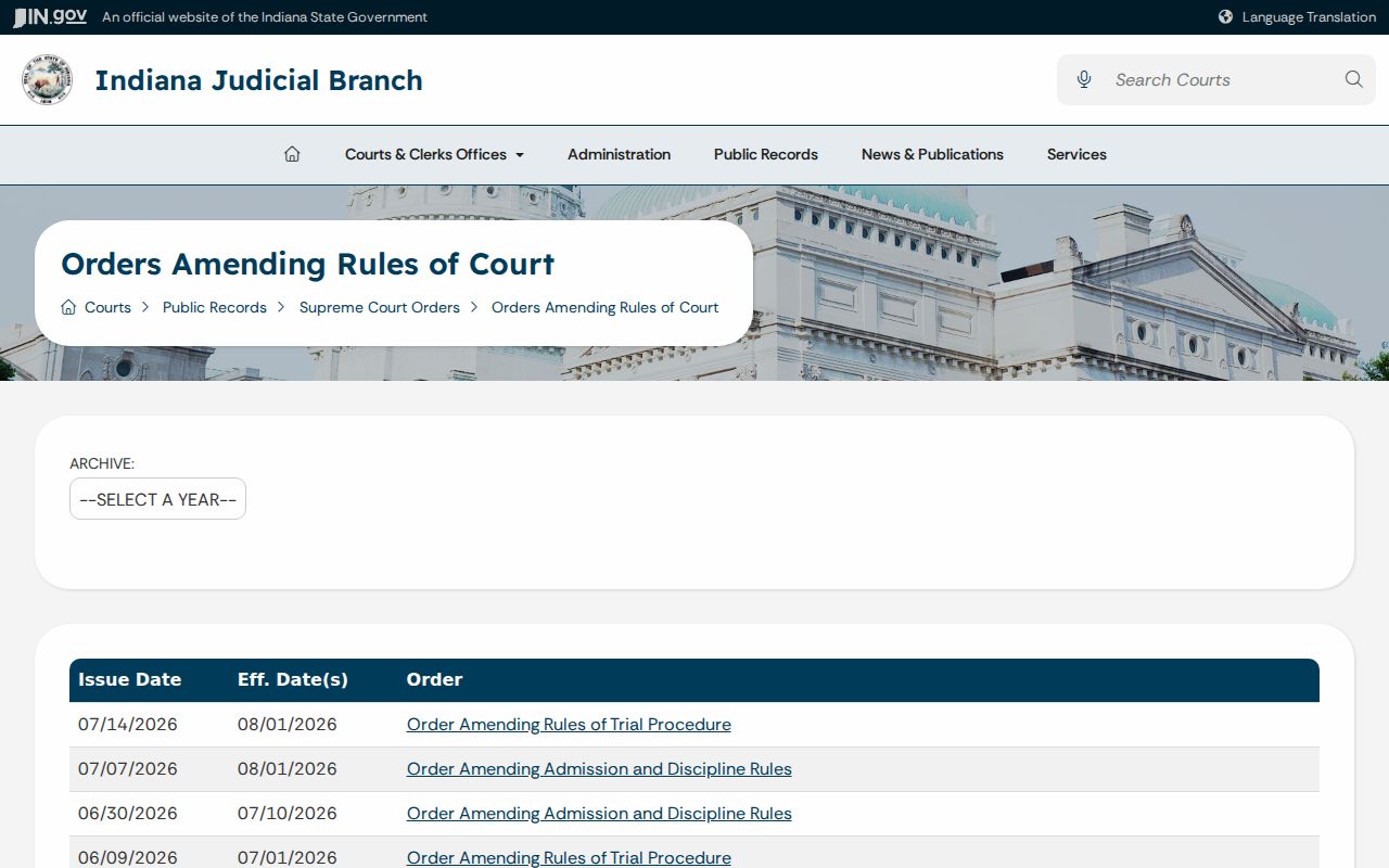 Indiana court rules archive used for Whitley County traffic record requirements